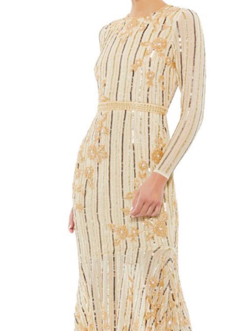 Mac Duggal Ivory and Gold Beaded Long Sleeve Evening Gown